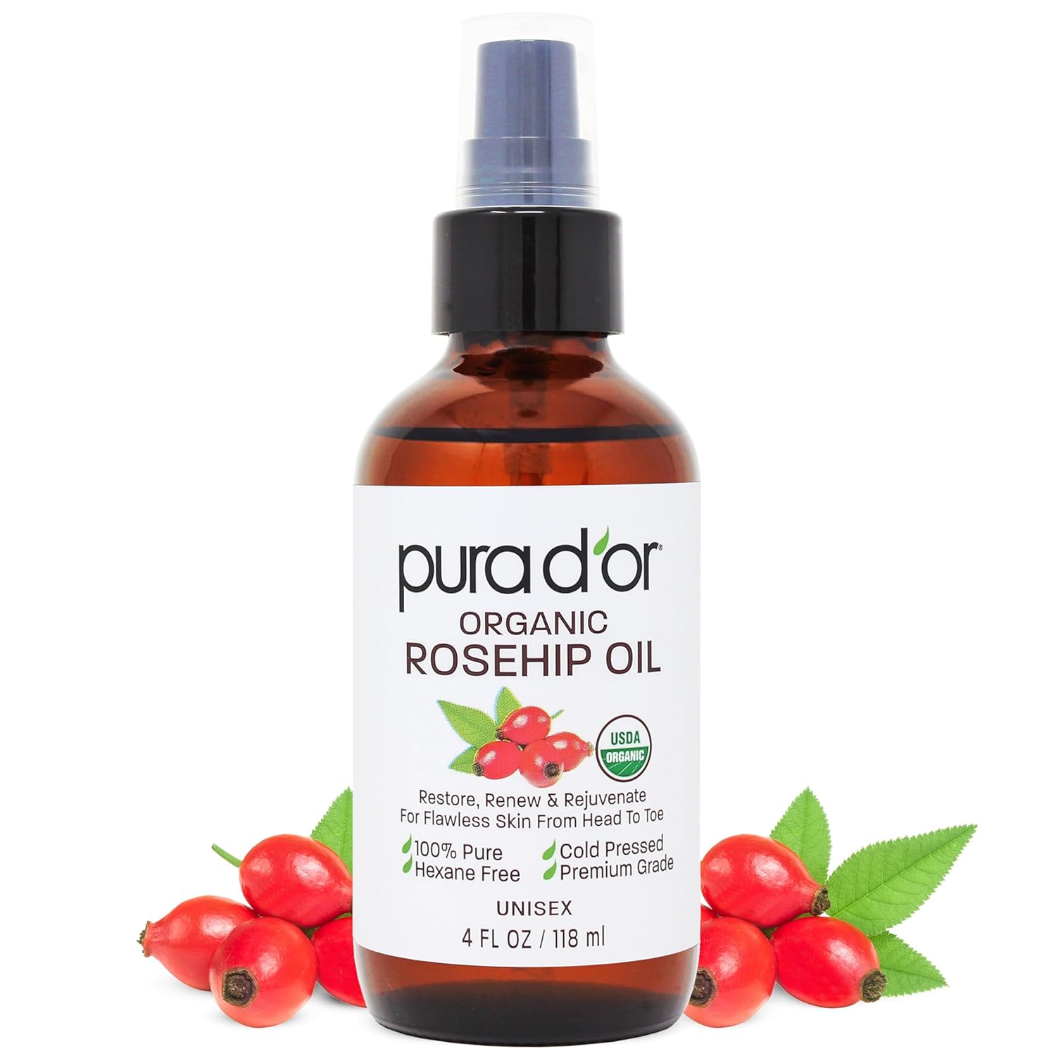 PURA D'OR ORGANIC Rosehip Seed Oil 100% Pure Cold Pressed USDA Certified For Hair, Skin, Scalp, Anti Aging Face &amp; Body - Hexane Free Glass Bottle - 4 Oz - Hair Regrowth Tonic