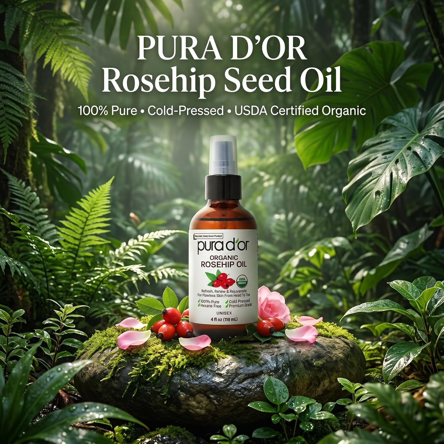 PURA D'OR ORGANIC Rosehip Seed Oil 100% Pure Cold Pressed USDA Certified For Hair, Skin, Scalp, Anti Aging Face &amp; Body - Hexane Free Glass Bottle - 4 Oz - Hair Regrowth Tonic